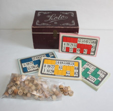Ancien coffret jeu loto, 24 cartes et pions en bois