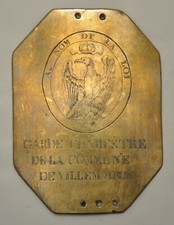 Plaque de métier - VILLEMOIRON EN OTHE (Aube) garde champêtre Circa 1er Empire