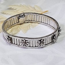 Bracelet Vintage Argent Rhodié Fleurs Sertie De Zircons 19,5 Cm x 13mm...