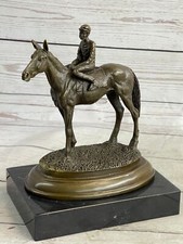 Figurine De Statue En Bronze De Jockey À Cheval Avec Base En Marbre Chaud