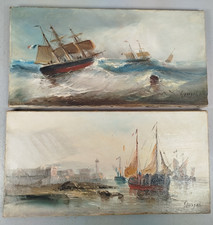 GEORGE LP 2 Tableaux Huile Sur Toile BATEAUX Français MARINE Port Signature C21