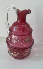 ANCIENNE CARAFE FLACON BOUTEILLE En VERRE ROSE EMAILLÉ DÉCORS MUGUET COLLECTION