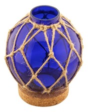 Bougie chauffe-plat boule de pêcheur en verre/filet/liège 13 x 16 cm BLEU