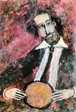 Belle Peinture L Homme Musicien Au Tambourin D' Yves Motti Peintre /Pays Basque