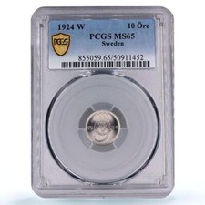 Sweden 10 ore King Gustaf V Coinage KM-795 MS65 PCGS NiBrass coin 1924