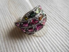 Forte bague en argent massif, grenats rose et tourmalines, taille 57 B123 Lot