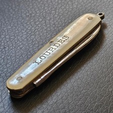 Couteau pliant de poche souvenir de Lourdes plaquettes en nacre vintage