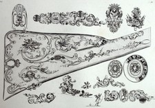 Ornement Crosse Fusil Gun architecture gravure Riester Clerget 19e