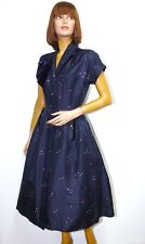Vintage 1940s Blue Flared Short Sleeve Evening Silk Dress Size 4 Handmade in USA