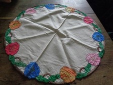 Vintage Handmade French Art Deco Round Applique Linen Centre Table Cloth