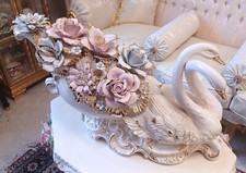 Statue Capodimonte Figurine Cygnes Fleurs Bibelot Petite Statue Or Porcelaine