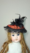 chapeau pour poupée ancienne , Rouge grenat et noir, Fait Main
