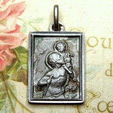 Saint Christophe and Jesus. Antique Religious Pendant. French Silver Medal.