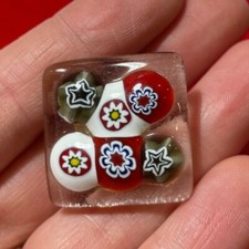 Vintage Millefiori Murano Verre Carré Transparent Rouge Blanc Fleurs Pins Broche