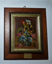 CADRE EN BOIS PEINTURE A LA MAIN SUR CUIVRE POT DE FLEURS / TBE