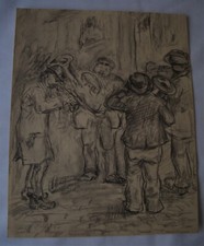 GEORG HILGERS "École de peinture de Düsseldorf" MUSICIEN ITINÉRANT vers 1910 dessin au charbon