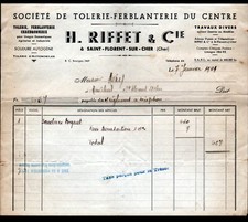 SAINT-FLORENT (18) TOLERIE FERBLANTERIE du CENTRE "H. RIFFET & Cie" en 1949