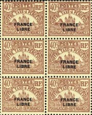 Madagascar 1942 n°TA22 Palais royal France libre 40c Bloc vertical de 6 (*)