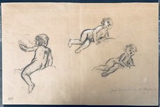 Tableau Dessin Fusain Craie Blanche Henri GERVEX (1852-1929) Étude Bébés Enfant