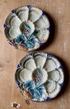 Rare 2 anciennes Assiettes A Huîtres 19 Ème Wasmuel Majolica Barbotine Oyster