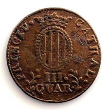 Espagne-Ferdinand VII. 3 pièces 1813 le 3 droit. Catalogne. Cuivre 5,8 g.