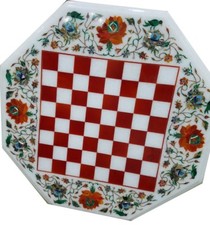 Jeu D'Échecs De 18" Sur Table En Pierre Dure Fait Main Incrustation Art Décor