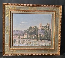 Tableau huile Paysage village en bord de rivière signé Préaud fin XIXème 