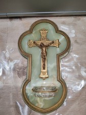 Jolis Grand Crucifix bénitier mural ancien Marbre Vert et Bronze doré  Fin XIXe