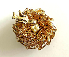 BROCHE nid d'oiseau avec oeufs doré perle vintage mint état comme NEUF 3,3cm !