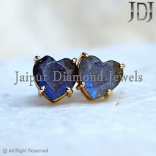 Naturel Labradorite Gemme Coeur Boucles D'Oreilles Solide 14K or Jaune Bijoux