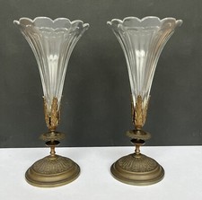 Paire Vases Anciens Cornet Tulipe Soliflore Bouquetière Cristal Laiton Fin XIXe