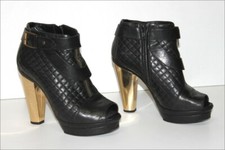 SONIA RYKIEL Bottines Boots  Cuir Matelassé Talons Dorés Bouts Ouverts T 36 BE