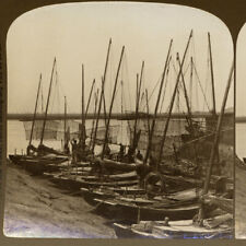 China, Tianjin: Fishing Boats on the Hai He River  - Old Stereoview Photo