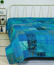 Neuf Indien Handmade Vintage Patchwork Soie Couverture Double Taille Set Coton