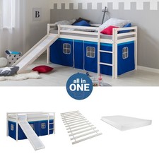 Lit superposé 90x200 Toboggan d'enfant mezzanine Matelas Rideau Bleu Homestyle4u