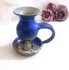 Bougeoir artisanal à figurines famille d'hiboux signé Vergy d'Alain Prudhomme