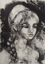 André MINAUX : Portrait féminin, Lithographie originale