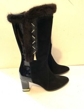 Bottes Accademia Of Venice- Made In Italy-suede Noir - Cuir Vernis Et Fourrure