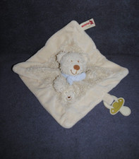 ?Doudou Plat Ours NICOTOY SIMBA TOYS Beige Echarpe Bleu Attache Tétine TTBE