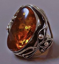 15Gr grosse ancienne bague argent ambre carved Baltic amber Ring silver 54