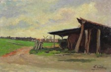 Vintage Belgian Oil Painting Landscape Horse Windmill Village Church Signed 1968