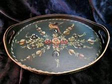 Plateau décoratif vintage en bois peint à la main signé VH – motifs floraux et 