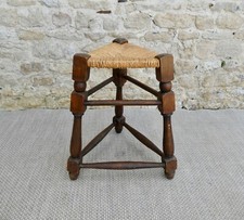 tabouret tripode en bois massif et assise paillée, années 60, stool