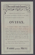 METZ (57) OVIFAX / Produit GRAINES pour ELEVAGE de POULES "FABRE" Tract en 1930