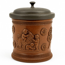 Pot à tabac ancien en grès Beauvaisis – Putti en relief – Couvercle étain – XIXe
