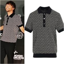 Rare & Great Balmain AW23 Monogram Wool Blend Polo Shirt In Ivory/Black XXXL