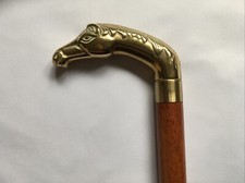 CANNE Poignée TÊTE DE CHEVAL en LAITON DORÉ Fût en BOIS TEINTÉ VERNIS