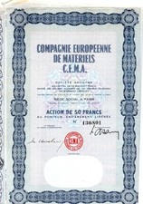 Action Compagnie Européenne de Matériels CEMA de 50 Francs avec ses coupons