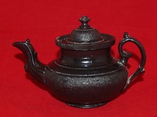 ANTIQUE MINIATURE STAFFORDSHIRE BLACK SALT-GLAZED STONEWARE TEAPOT ENGINE TURNED