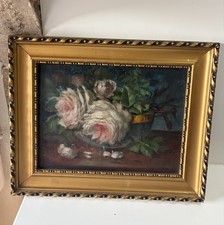 ancien tableau huile panneau bouquet fleurs aux roses cadre bois doré 41,5x34cm